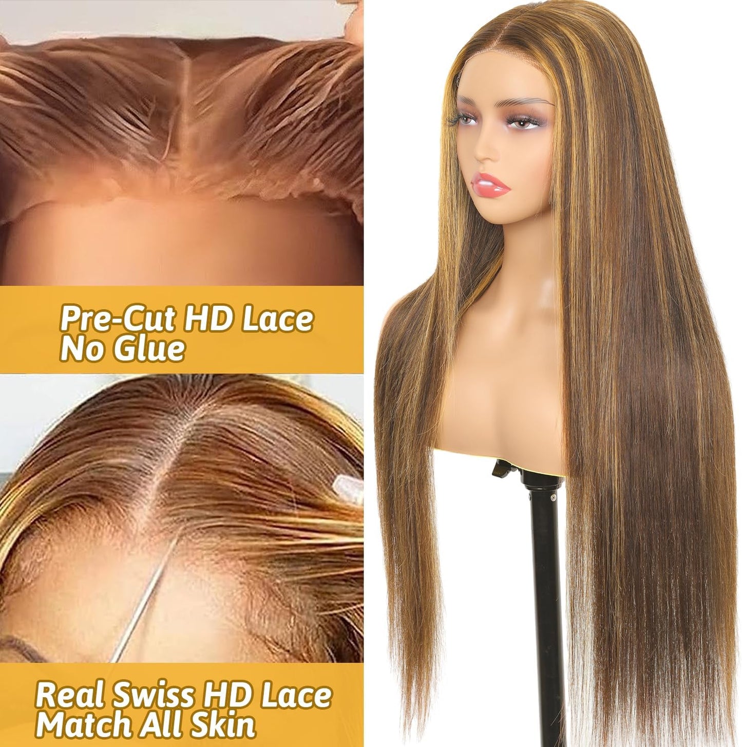 HD Lace Glueless Wig Wear and Go Brazilian Straight Lace Wigs For Women ShowJarlly No Glue 5x5 Lace Pre Cut Wig Human Hair Wigs chocolate brown mixed honey blonde wig 180% Density 18 Inch 4/27