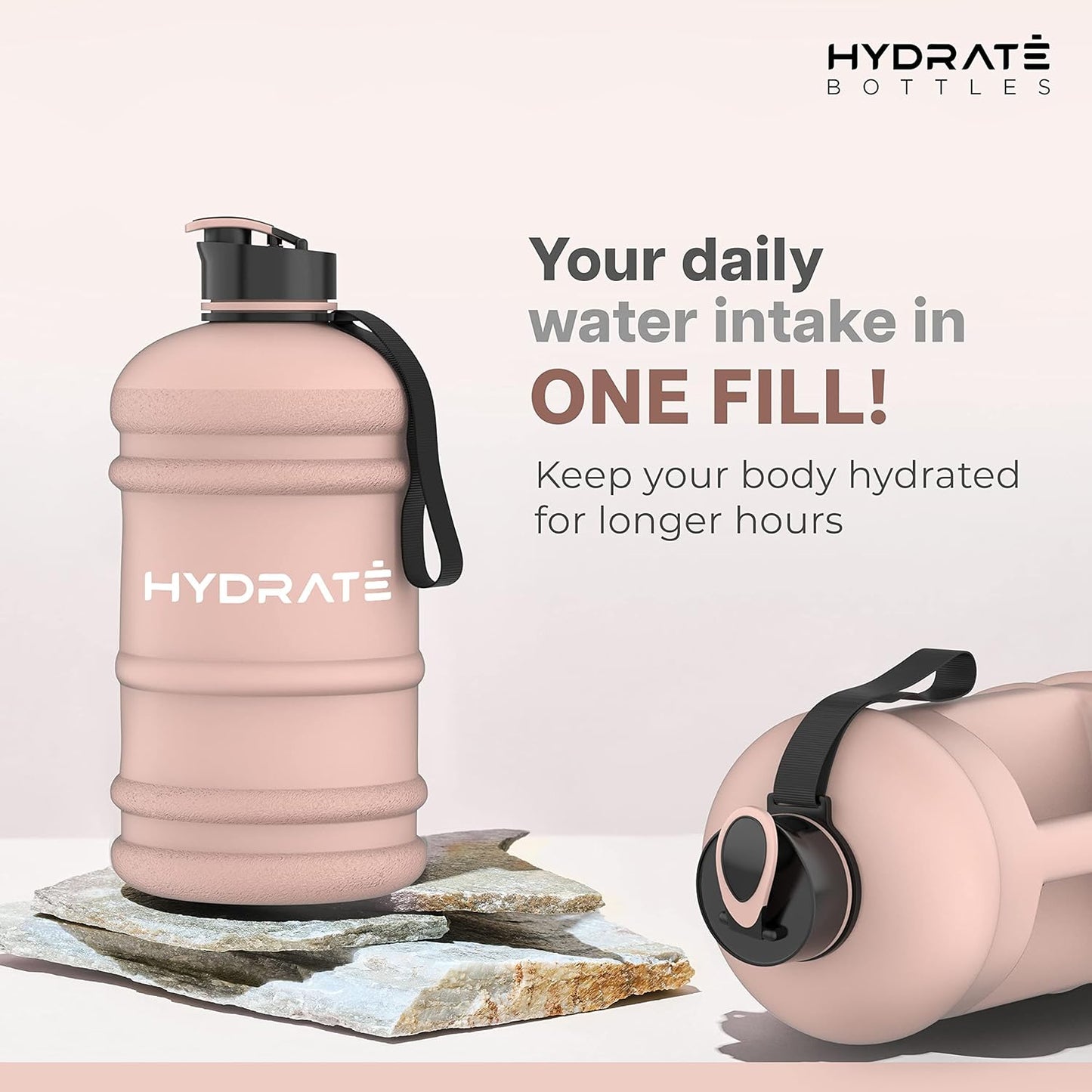 HYDRATE XL Jug Half Gallon Water Bottle with Nylon Carrying Strap & Leak-Proof Flip Cap - 2 Liter Water Jug - Large Capacity for Gym, Workouts, Sports, Running, Jogging, Travel - Matte Nude (74 oz)