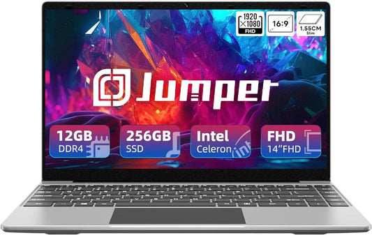 jumper 14 inch Laptop, 12GB RAM 256GB SSD, Intel Celeron Processor J4105 Up to 2.5GHz, 1080P IPS FHD Display, 2.4/5G WiFi, USB 3.0, UK Keyboard Film.