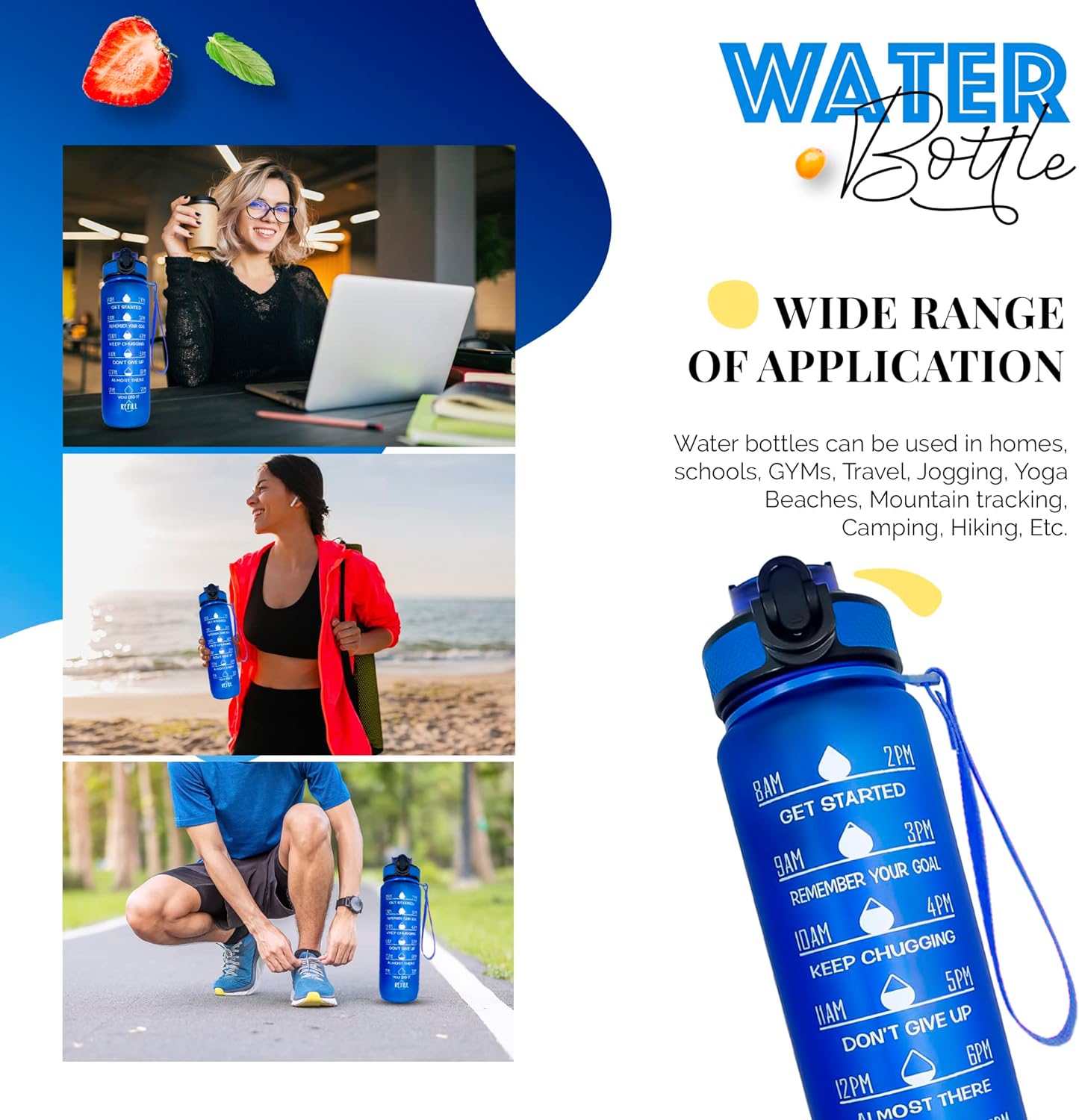 K-MART Water Bottle 1000ml Sports Water Bottle with Motivational Time Marker & Straw, Dishwasher Safe Leak-proof Drink Bottle BPA Free Non-Toxic Tritan Material 1 Click Open for Running Gym