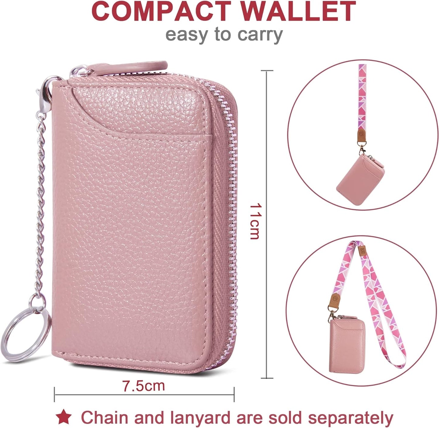 Womens Credit Card Holder Small RFID Blocking Ladies Wallet with Stainless Steel Zipper Excellent Genuine Leather Accordion Wallets Case for Women ID Compact Slim Blocked Zip Accordian Cards Pink