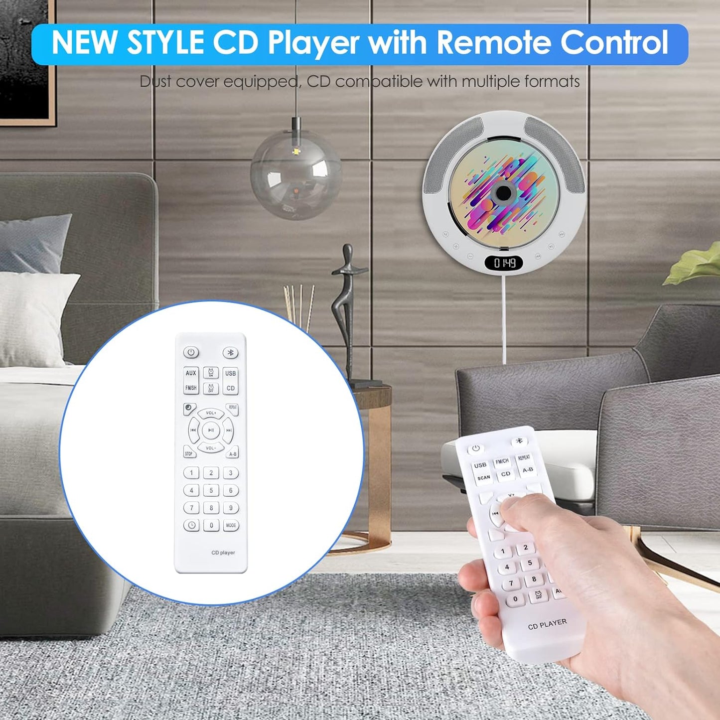 Gueray Bluetooth CD Player with Touch Buttons Wall Mounted CD Player Desktop Music CD Players for Home, Bulit-in Double HiFi Speakers, LED Screen, FM Radio, AUX Input Output