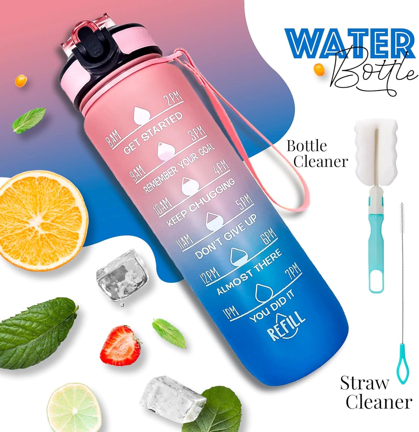 K-MART Water Bottle 1000ml Sports Water Bottle with Motivational Time Marker & Straw, Dishwasher Safe Leak-proof Drink Bottle BPA Free Non-Toxic Tritan Material 1 Click Open for Running Gym