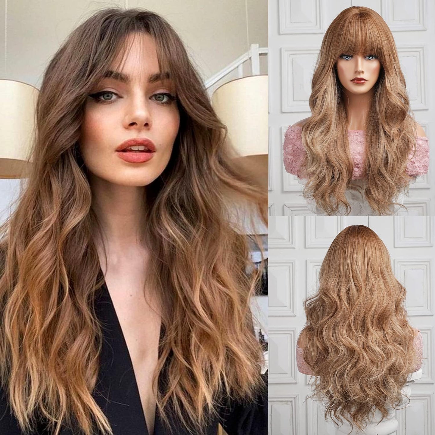 Kellynee Ombre Dark Brown Wig with Bangs - Dark Ginger Long Wavy Wigs for Women, Dark Roots, Natural Realistic Hair, Best Synthetic Heat Resistant Wigs for Daily/Halloween/Party/Cosplay