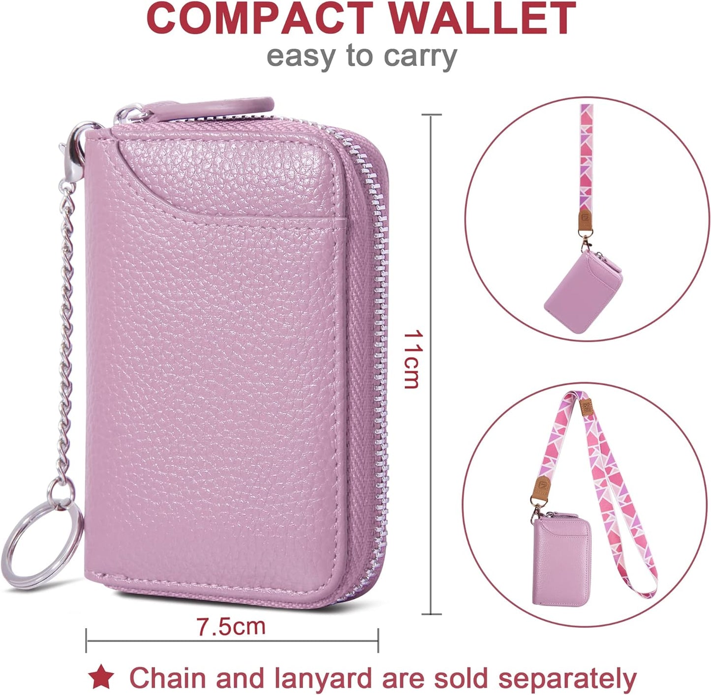 Womens Credit Card Holder Small RFID Blocking Ladies Wallet with Stainless Steel Zipper Excellent Genuine Leather Accordion Wallets Case for Women ID Compact Slim Blocked Zip Accordian Cards Pink