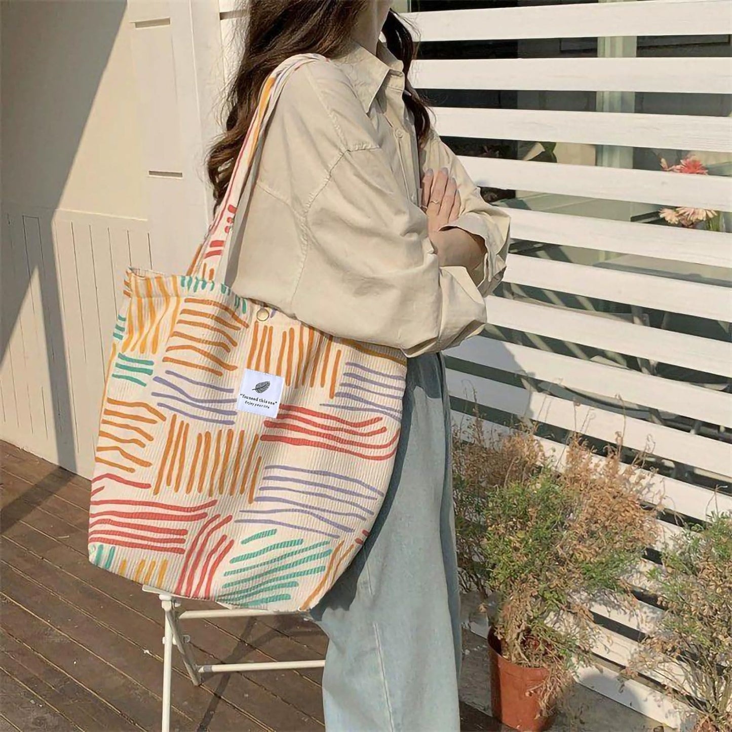 KEYRI Corduroy Totes Bag Women's Shoulder Handbags Cord Bag Large Reusable Carry Bag Pocket Big Capacity Shopping Bag Colourful Stripes Shoulder Bag for School College Travel Work Casual