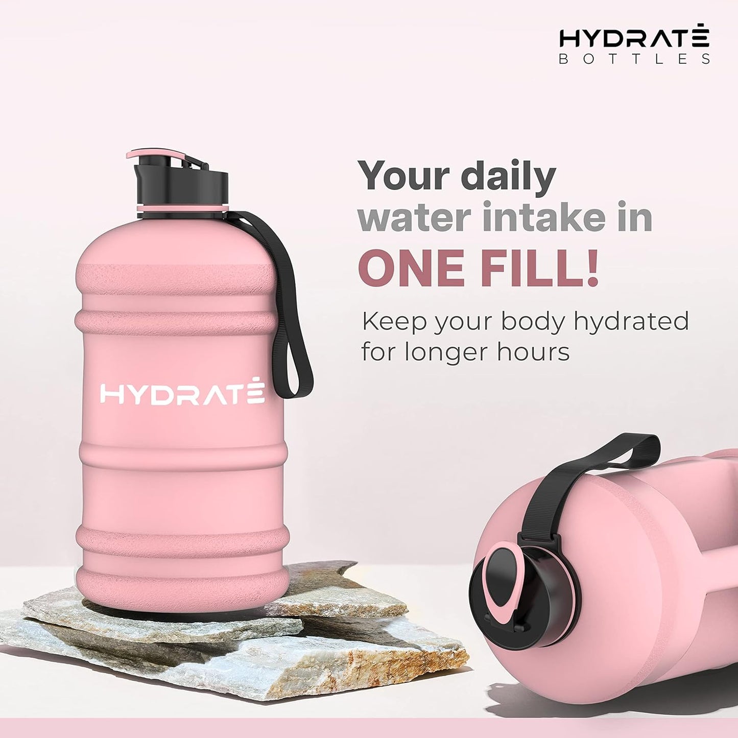 HYDRATE XL Jug Half Gallon Water Bottle with Nylon Carrying Strap & Leak-Proof Flip Cap - 2 Liter Water Jug - Large Capacity for Gym, Workouts, Sports, Running, Jogging, Travel - Matte Nude (74 oz)