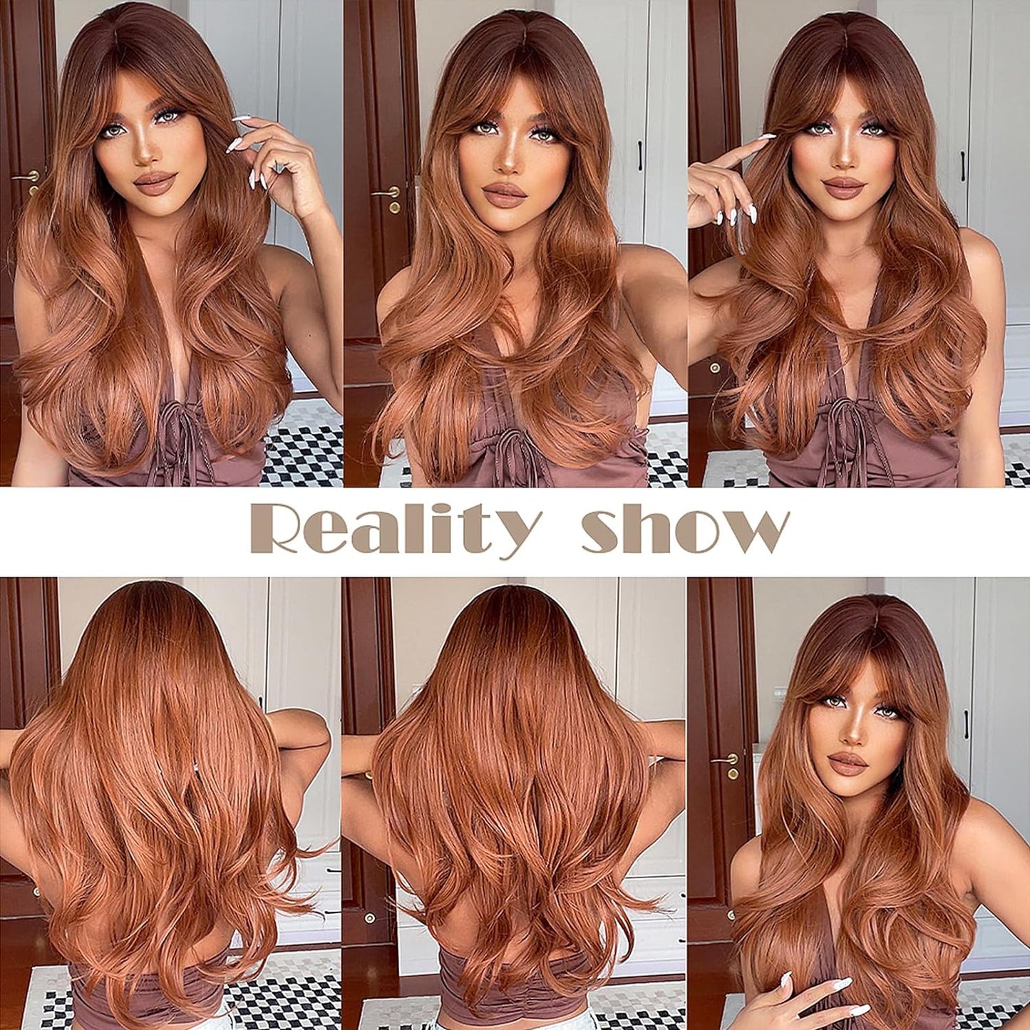 Kellynee Ombre Dark Brown Wig with Bangs - Dark Ginger Long Wavy Wigs for Women, Dark Roots, Natural Realistic Hair, Best Synthetic Heat Resistant Wigs for Daily/Halloween/Party/Cosplay