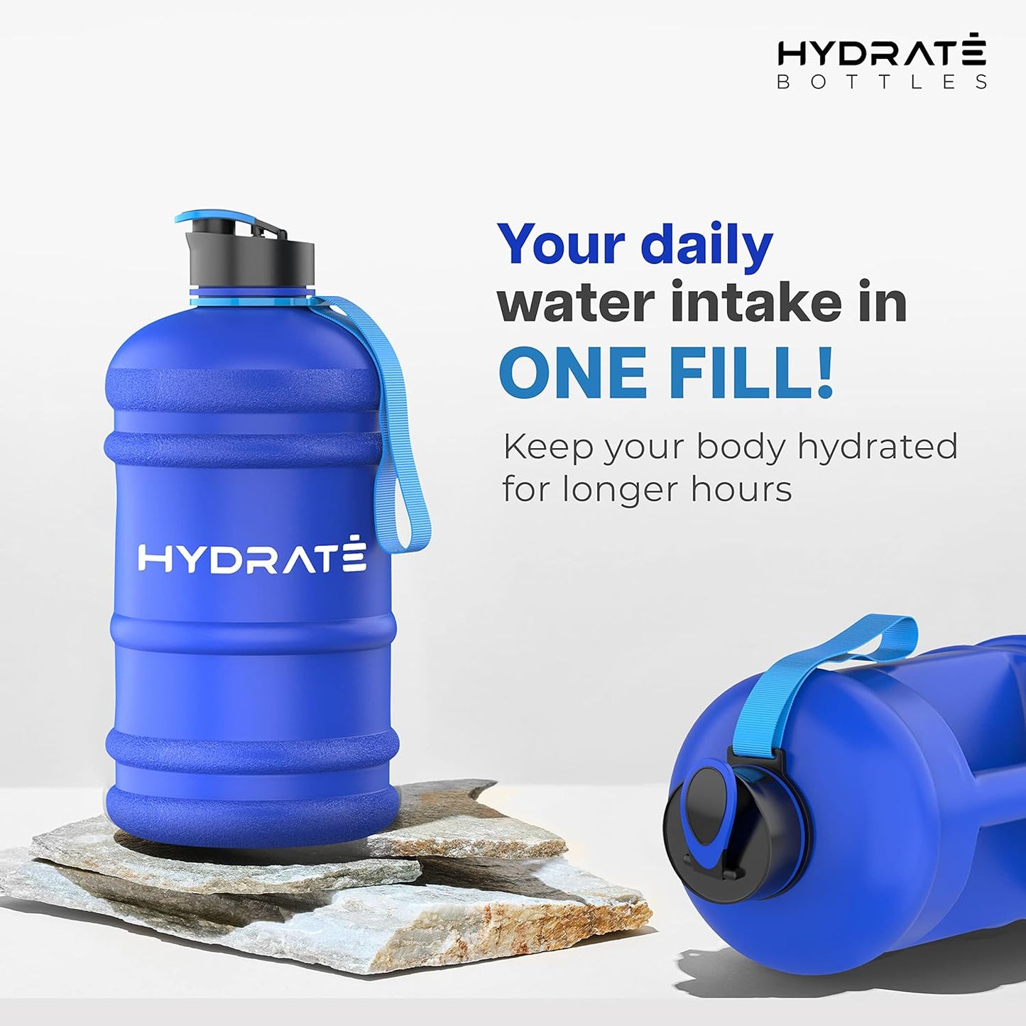 HYDRATE XL Jug Half Gallon Water Bottle with Nylon Carrying Strap & Leak-Proof Flip Cap - 2 Liter Water Jug - Large Capacity for Gym, Workouts, Sports, Running, Jogging, Travel - Matte Nude (74 oz)