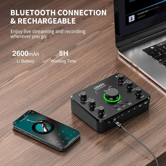 LEKATO USB Audio Interface for Recording Songwriting Streaming and Podcasting, Bluetooth, Studio Quality Recording, Audio Mixer with XLR/OTG/Recording/Monitor/Instrument Ports, Multi-Functional