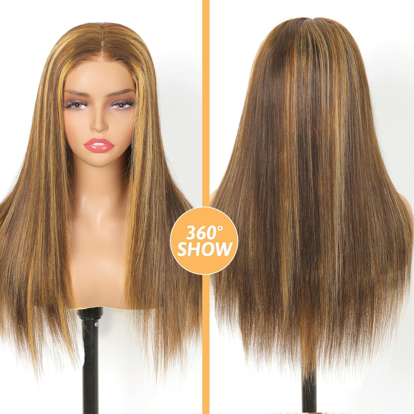 HD Lace Glueless Wig Wear and Go Brazilian Straight Lace Wigs For Women ShowJarlly No Glue 5x5 Lace Pre Cut Wig Human Hair Wigs chocolate brown mixed honey blonde wig 180% Density 18 Inch 4/27