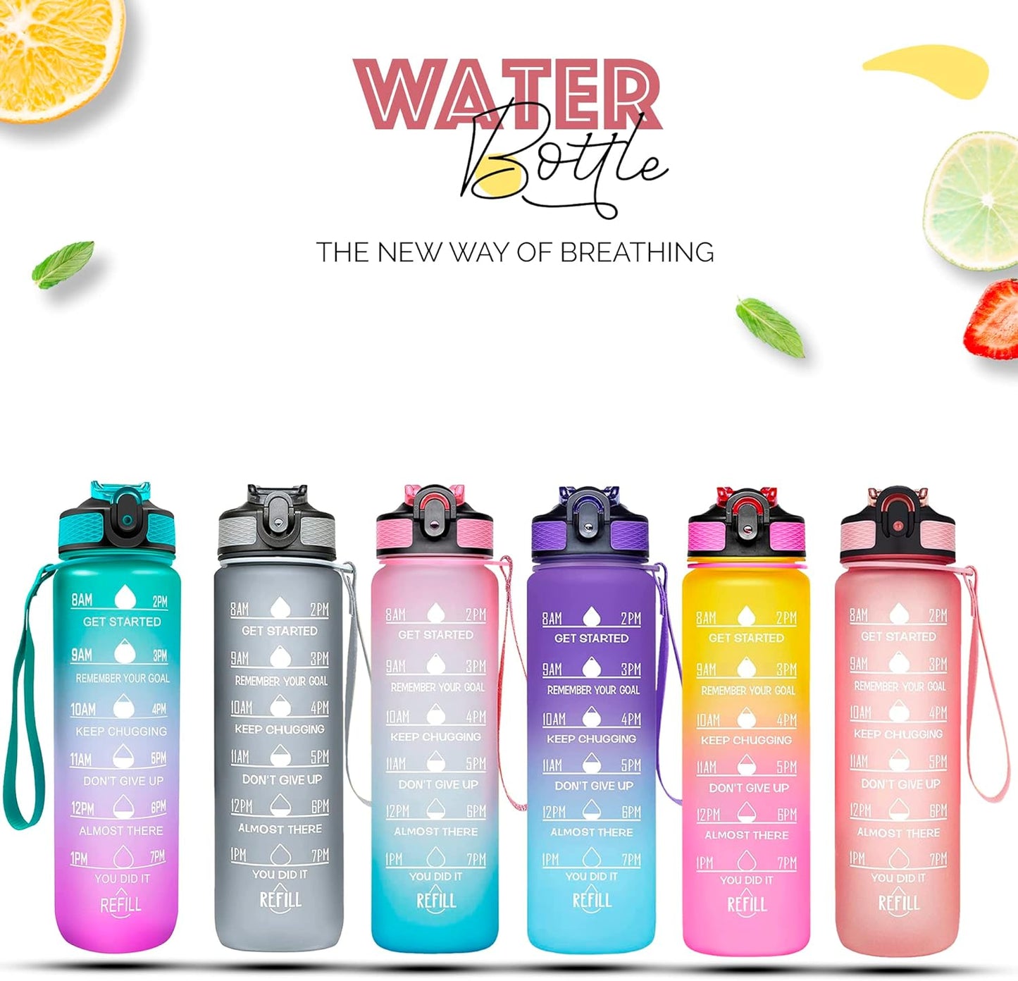 K-MART Water Bottle 1000ml Sports Water Bottle with Motivational Time Marker & Straw, Dishwasher Safe Leak-proof Drink Bottle BPA Free Non-Toxic Tritan Material 1 Click Open for Running Gym