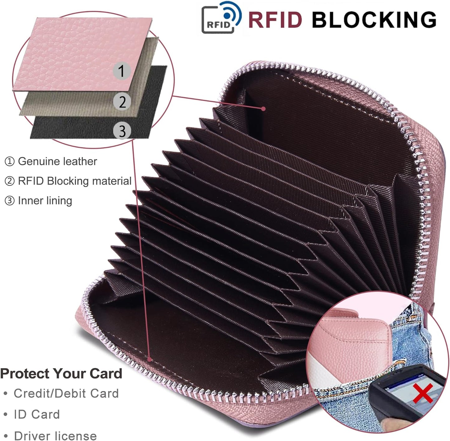 Womens Credit Card Holder Small RFID Blocking Ladies Wallet with Stainless Steel Zipper Excellent Genuine Leather Accordion Wallets Case for Women ID Compact Slim Blocked Zip Accordian Cards Pink