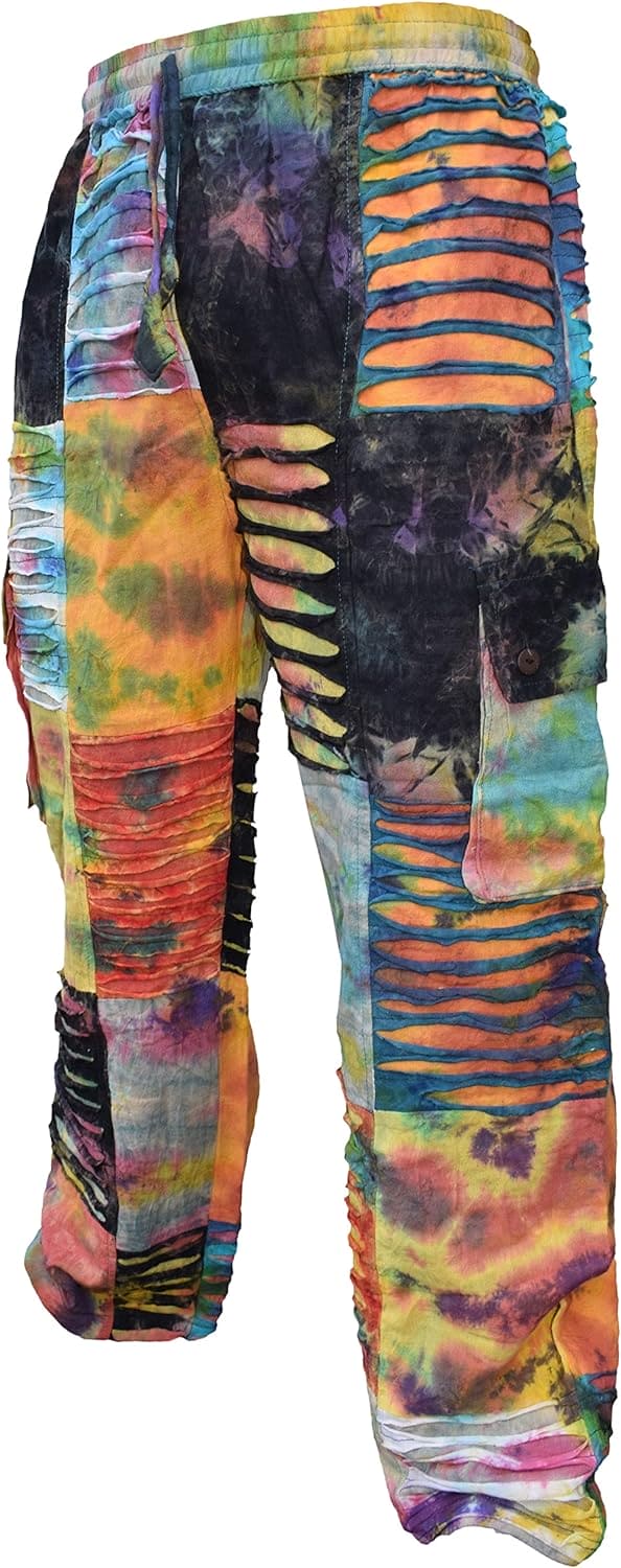 Gheri Mens Tie Dye Patchwork Razorcut Hippie Cargo Lounge Pants