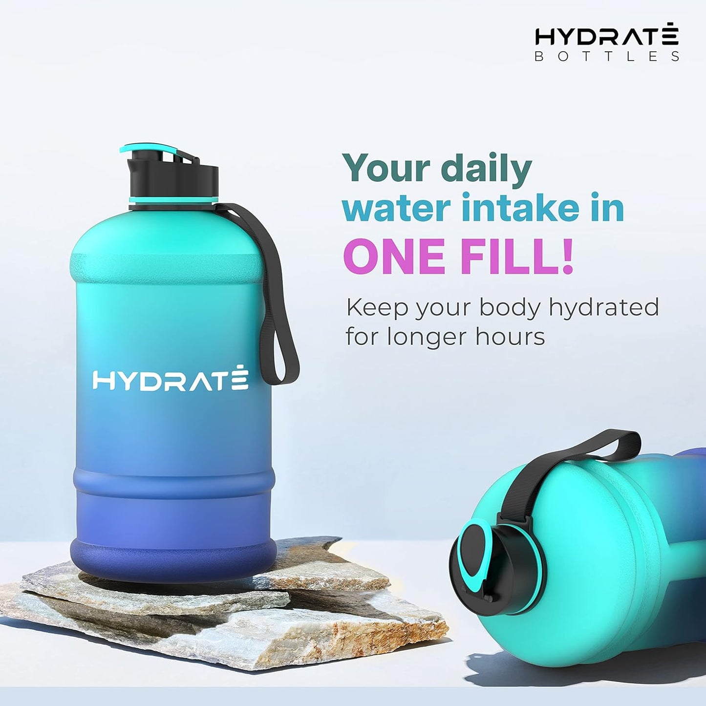 HYDRATE XL Jug Half Gallon Water Bottle with Nylon Carrying Strap & Leak-Proof Flip Cap - 2 Liter Water Jug - Large Capacity for Gym, Workouts, Sports, Running, Jogging, Travel - Matte Nude (74 oz)