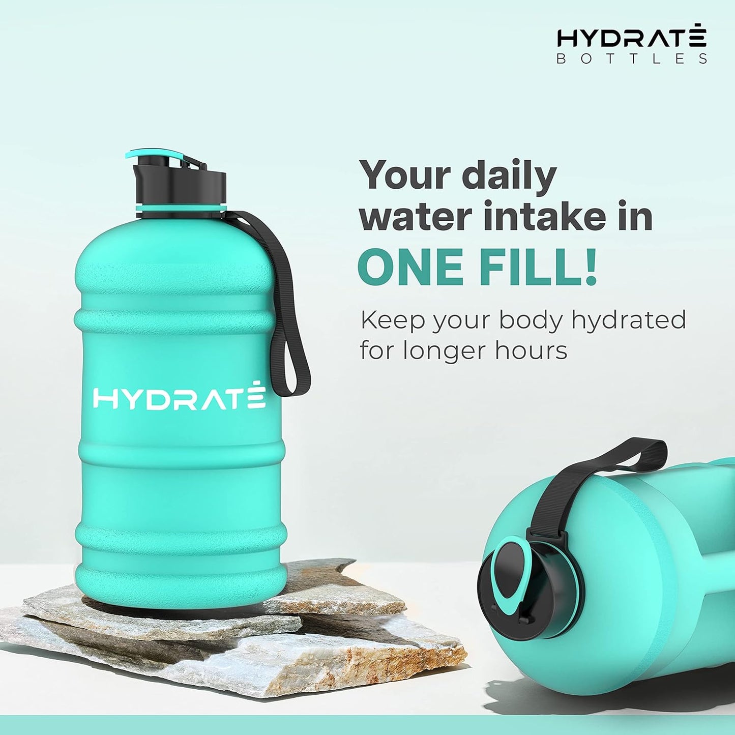 HYDRATE XL Jug Half Gallon Water Bottle with Nylon Carrying Strap & Leak-Proof Flip Cap - 2 Liter Water Jug - Large Capacity for Gym, Workouts, Sports, Running, Jogging, Travel - Matte Nude (74 oz)