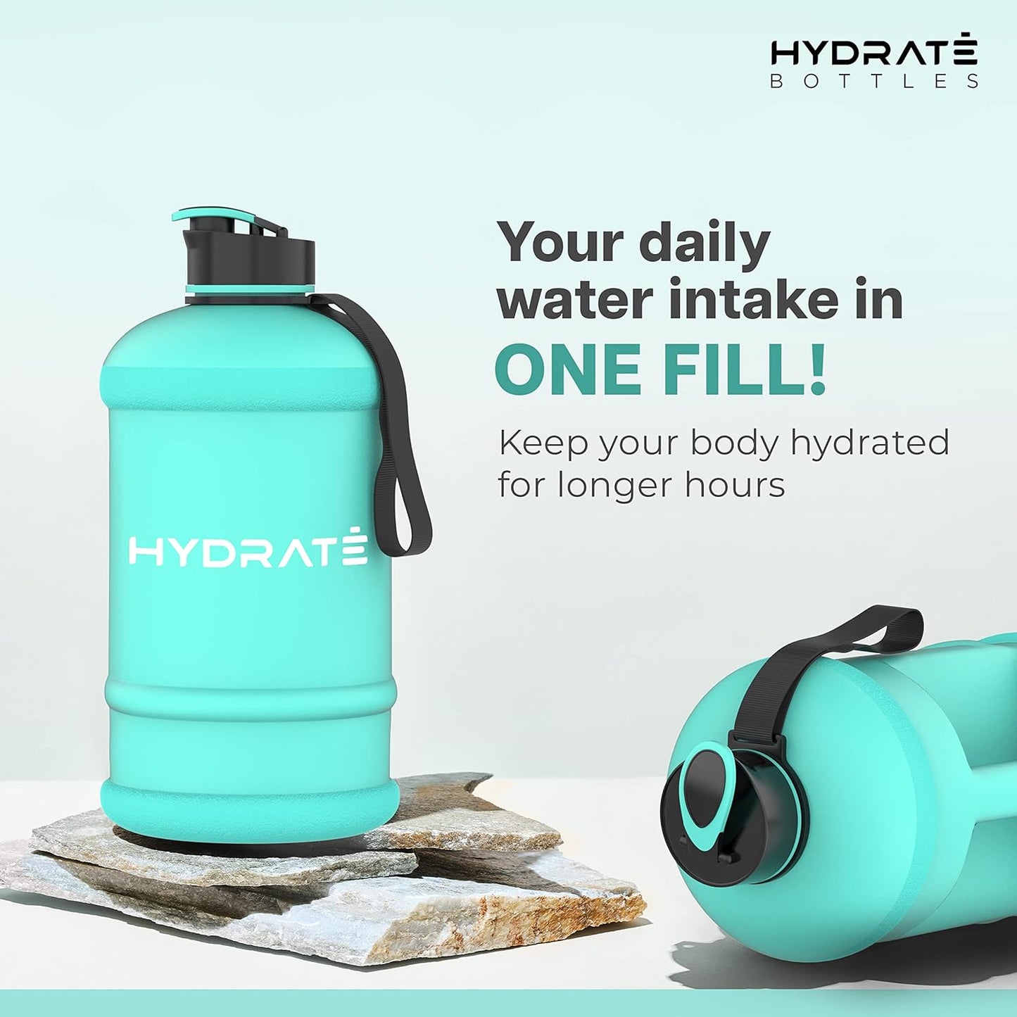 HYDRATE XL Jug Half Gallon Water Bottle with Nylon Carrying Strap & Leak-Proof Flip Cap - 2 Liter Water Jug - Large Capacity for Gym, Workouts, Sports, Running, Jogging, Travel - Matte Nude (74 oz)