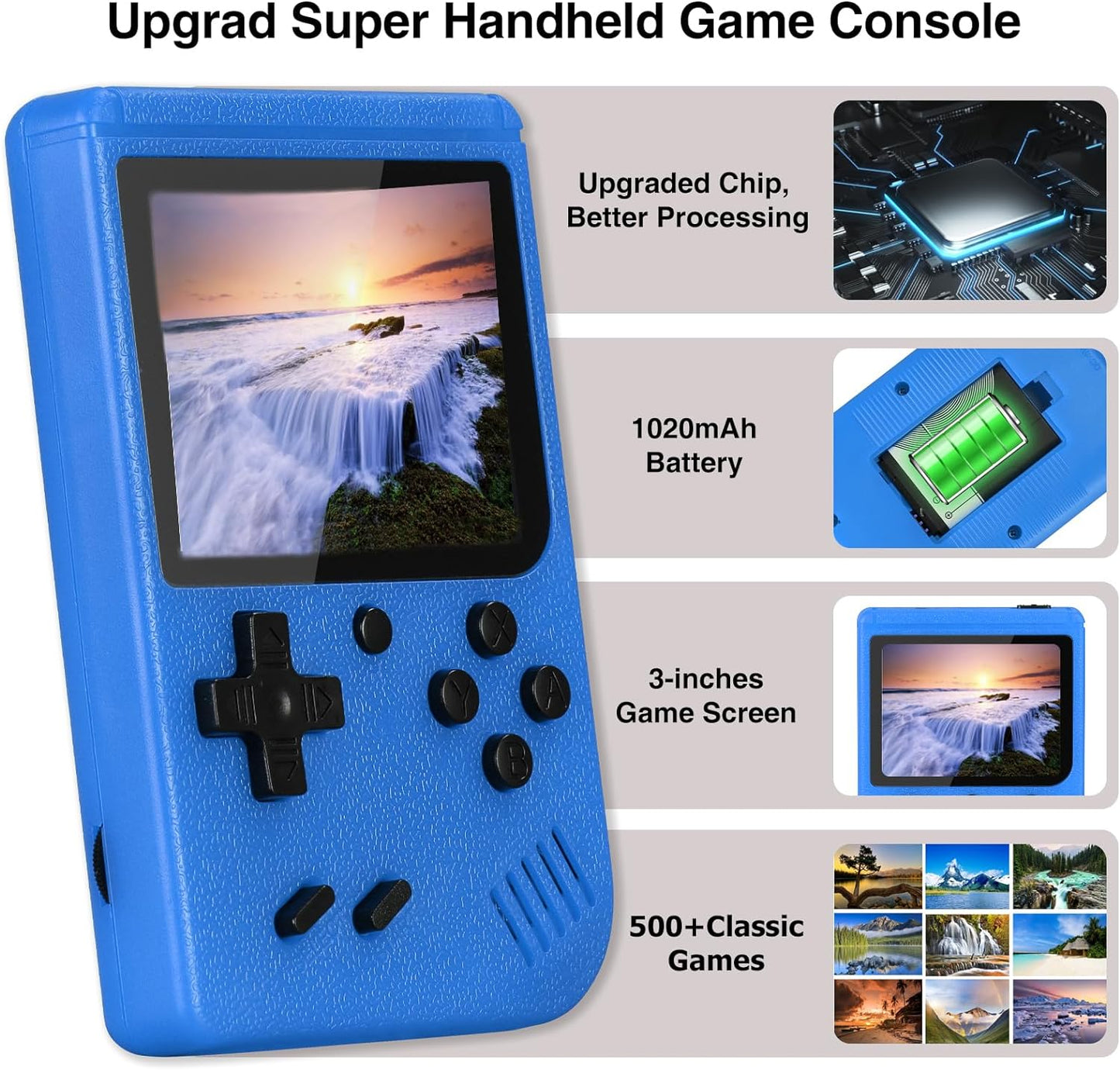 Handheld Game Console, 3.0 Inch Screen, Retro Mini Games Console 500+ Classic FC Games, Support Up to 2 Players & TV Ideal Christmas or Birthday Gift