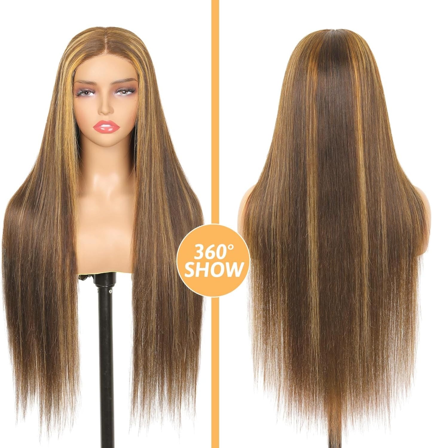 HD Lace Glueless Wig Wear and Go Brazilian Straight Lace Wigs For Women ShowJarlly No Glue 5x5 Lace Pre Cut Wig Human Hair Wigs chocolate brown mixed honey blonde wig 180% Density 18 Inch 4/27