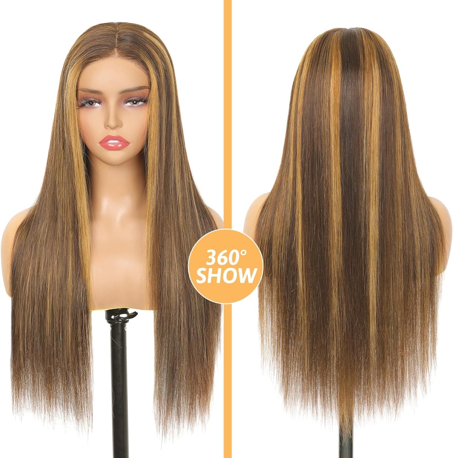 HD Lace Glueless Wig Wear and Go Brazilian Straight Lace Wigs For Women ShowJarlly No Glue 5x5 Lace Pre Cut Wig Human Hair Wigs chocolate brown mixed honey blonde wig 180% Density 18 Inch 4/27