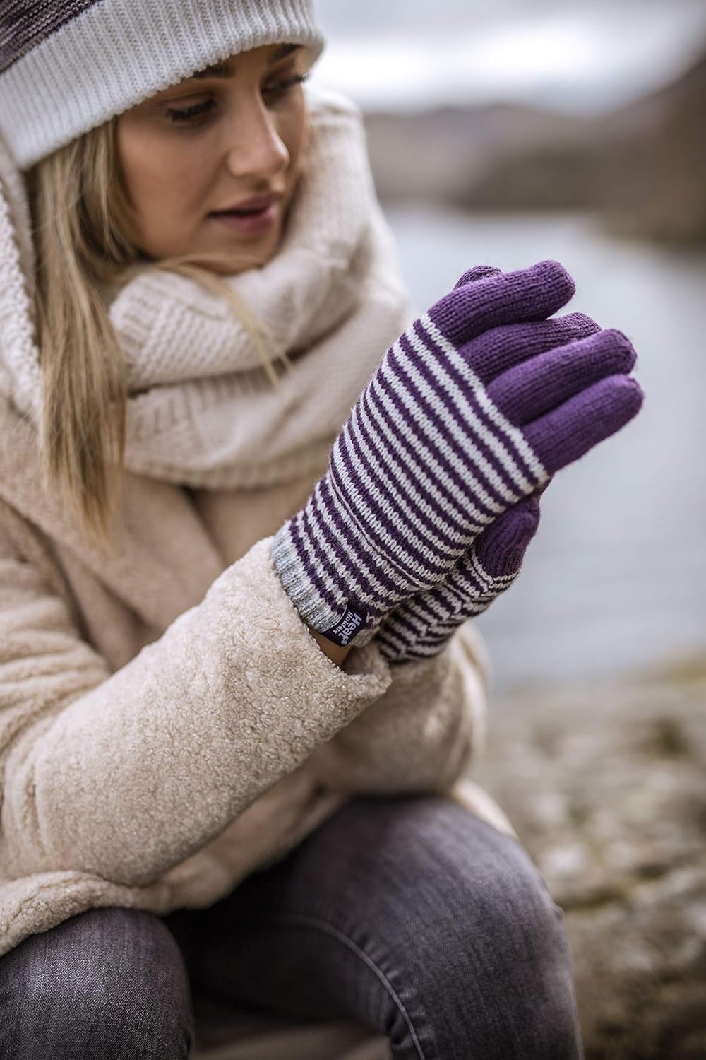 HEAT HOLDERS - Ladies Cute Striped Fairisle Warm Knitted Fleece Lined Winter Thermal Gloves