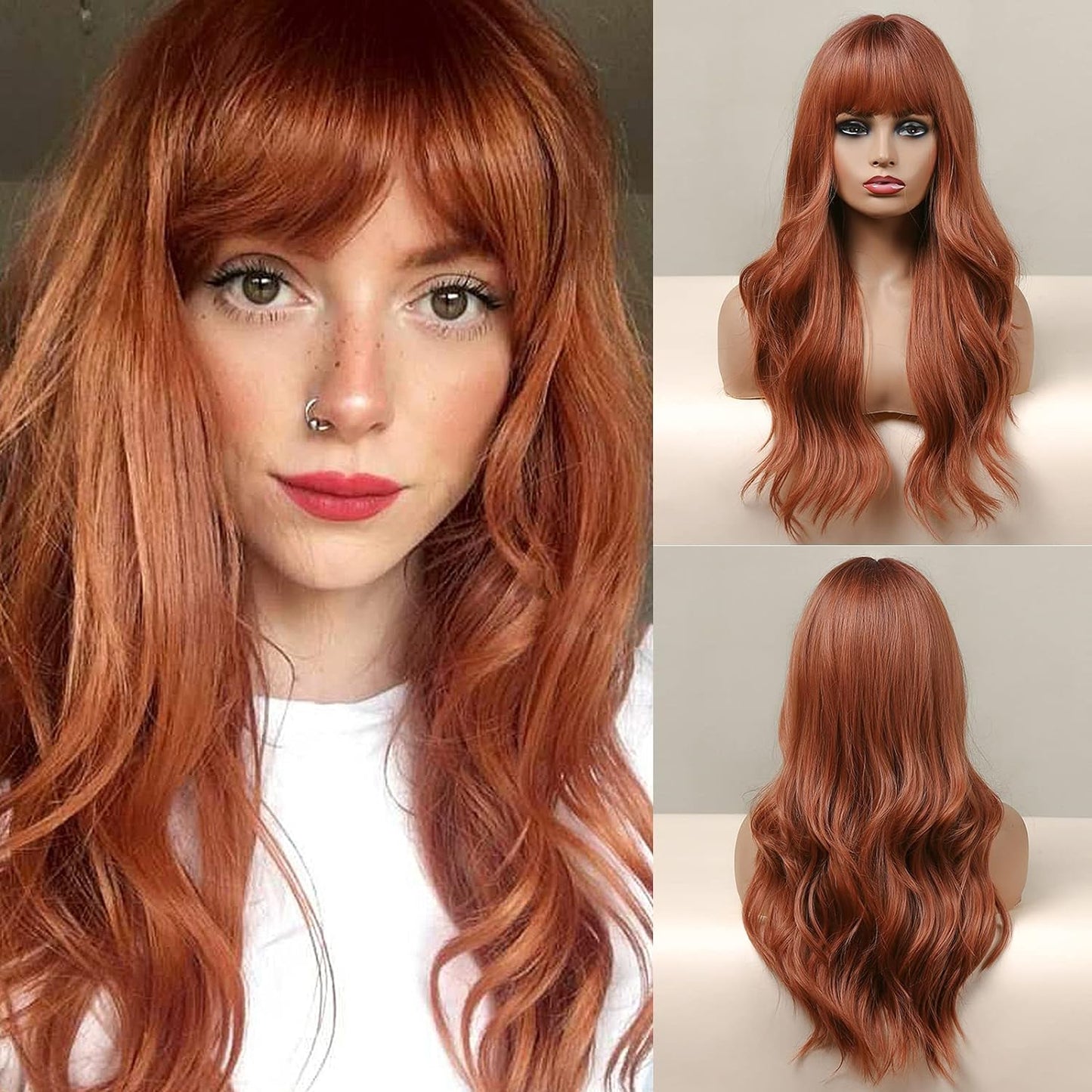 Kellynee Ombre Dark Brown Wig with Bangs - Dark Ginger Long Wavy Wigs for Women, Dark Roots, Natural Realistic Hair, Best Synthetic Heat Resistant Wigs for Daily/Halloween/Party/Cosplay