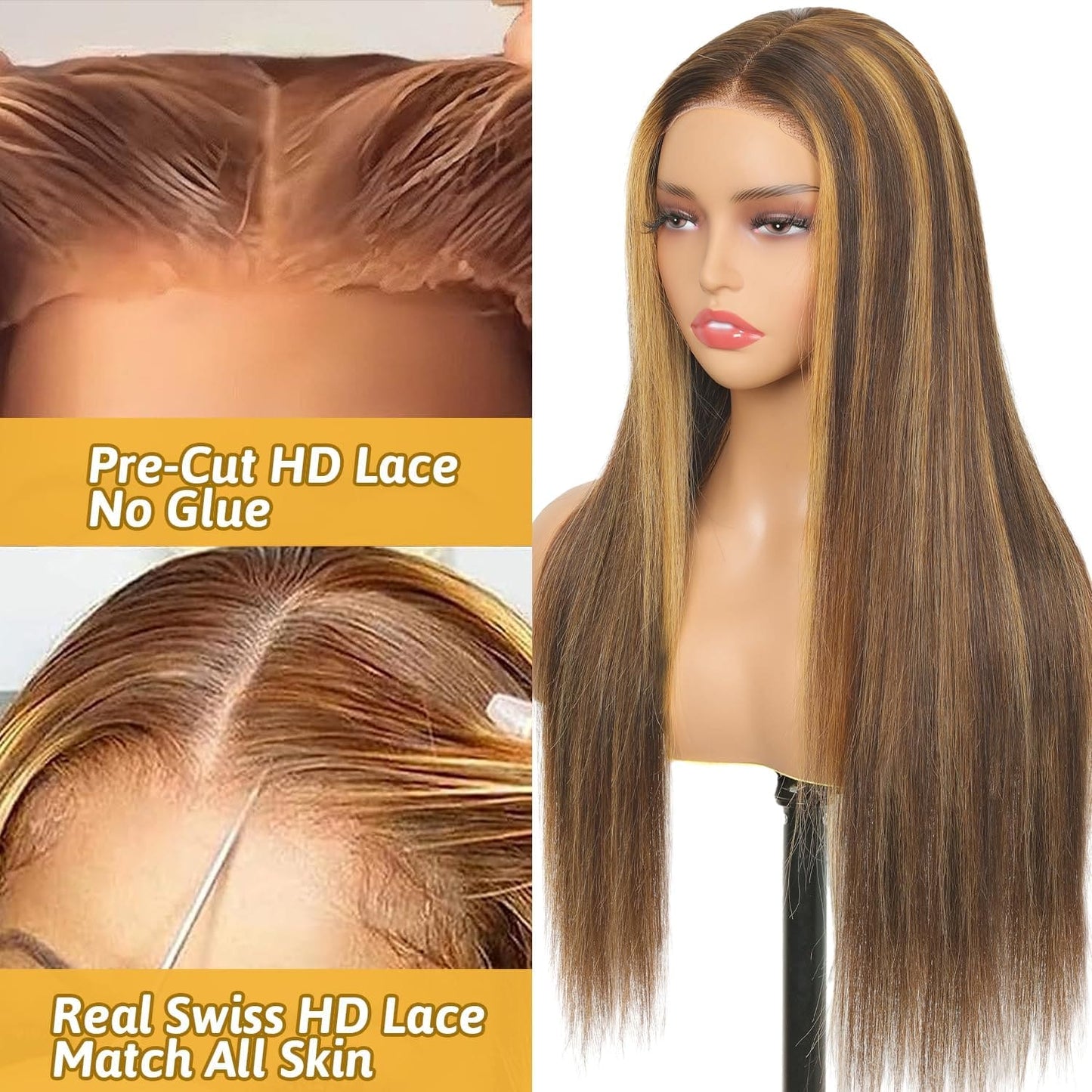 HD Lace Glueless Wig Wear and Go Brazilian Straight Lace Wigs For Women ShowJarlly No Glue 5x5 Lace Pre Cut Wig Human Hair Wigs chocolate brown mixed honey blonde wig 180% Density 18 Inch 4/27