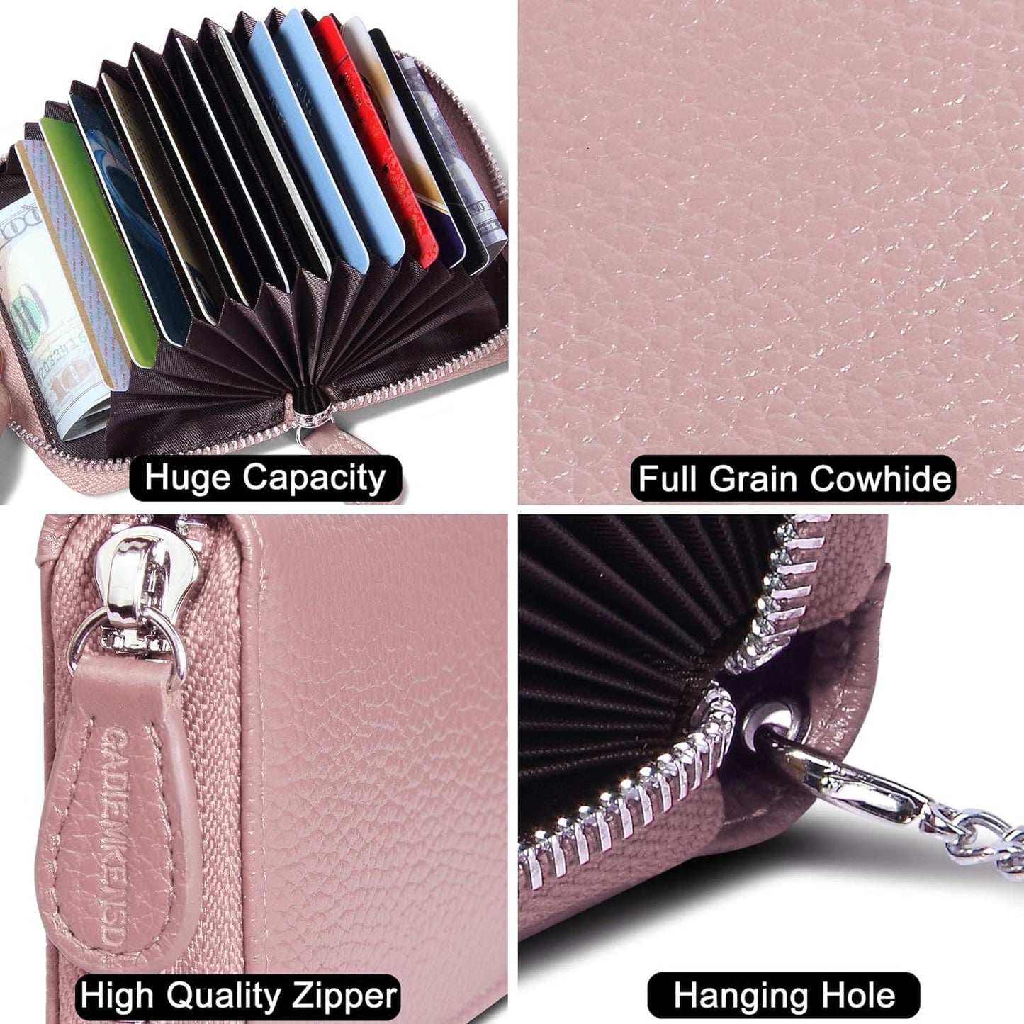 Womens Credit Card Holder Small RFID Blocking Ladies Wallet with Stainless Steel Zipper Excellent Genuine Leather Accordion Wallets Case for Women ID Compact Slim Blocked Zip Accordian Cards Pink