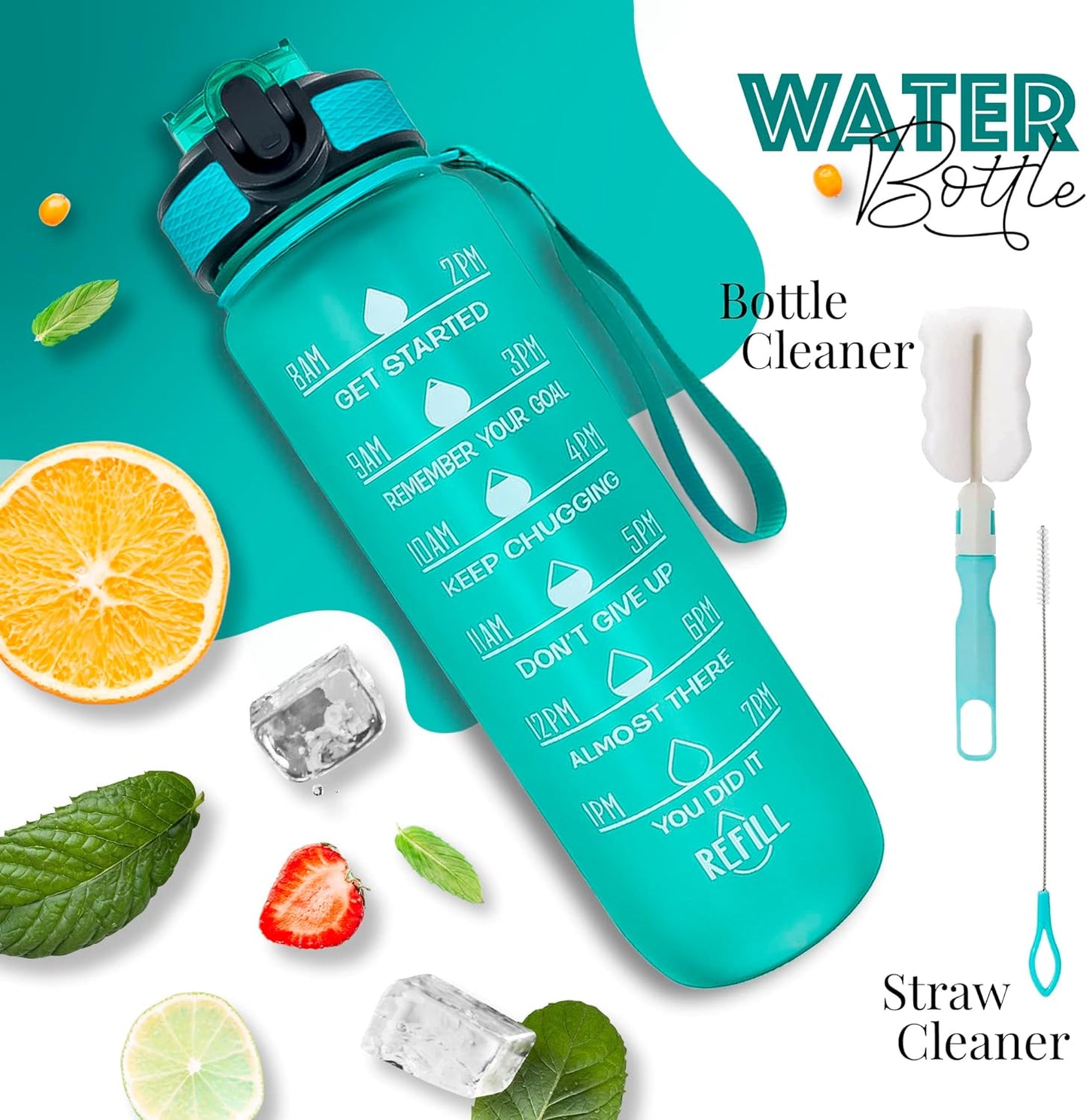 K-MART Water Bottle 1000ml Sports Water Bottle with Motivational Time Marker & Straw, Dishwasher Safe Leak-proof Drink Bottle BPA Free Non-Toxic Tritan Material 1 Click Open for Running Gym