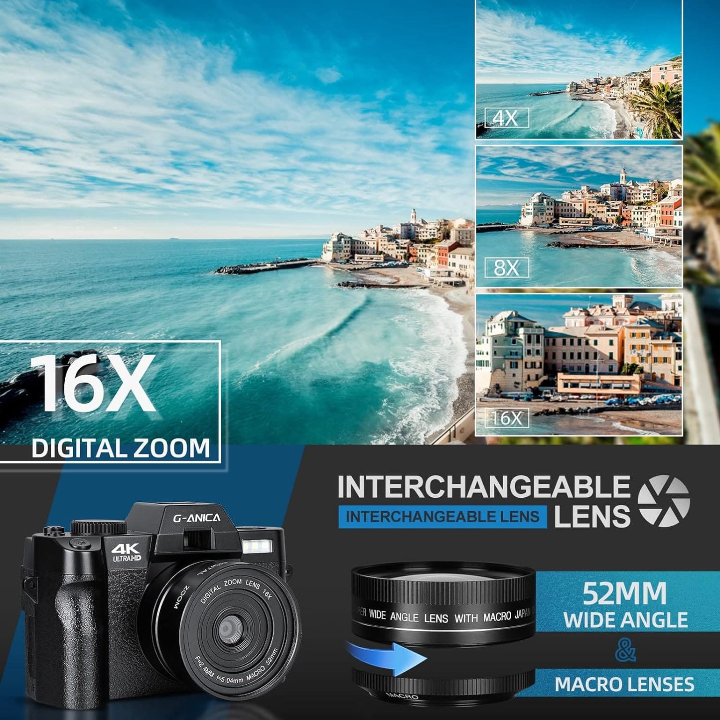 G-Anica 4K Digital Cameras for Photography，48MP/60FPS Video Camera for Vlogging, WiFi & App Control Vlogging Camera for YouTube, Small Camera with 32GB TF Card.Wide-Angle & Macro Lens