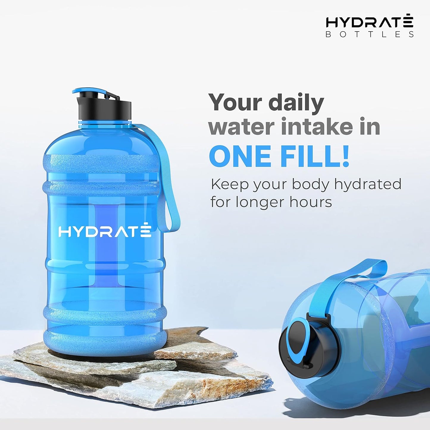 HYDRATE XL Jug Half Gallon Water Bottle with Nylon Carrying Strap & Leak-Proof Flip Cap - 2 Liter Water Jug - Large Capacity for Gym, Workouts, Sports, Running, Jogging, Travel - Matte Nude (74 oz)