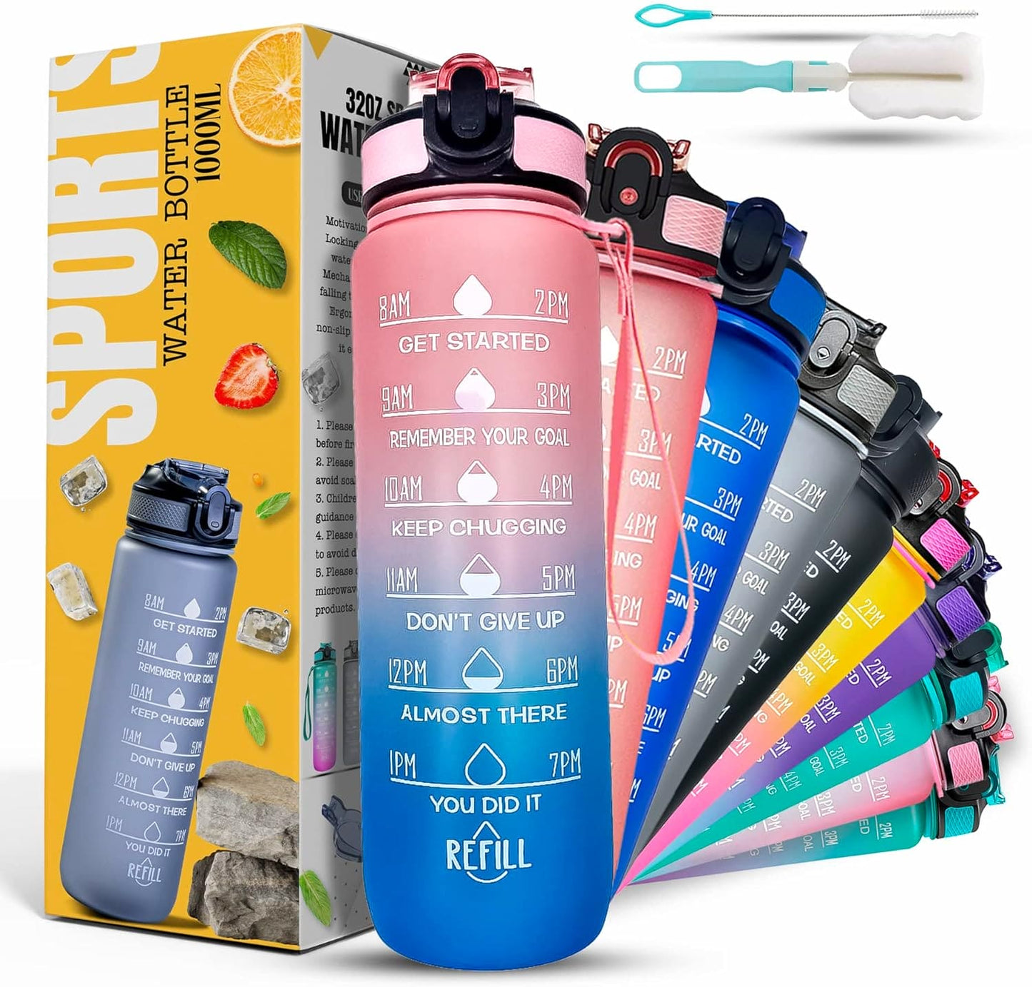 K-MART Water Bottle 1000ml Sports Water Bottle with Motivational Time Marker & Straw, Dishwasher Safe Leak-proof Drink Bottle BPA Free Non-Toxic Tritan Material 1 Click Open for Running Gym