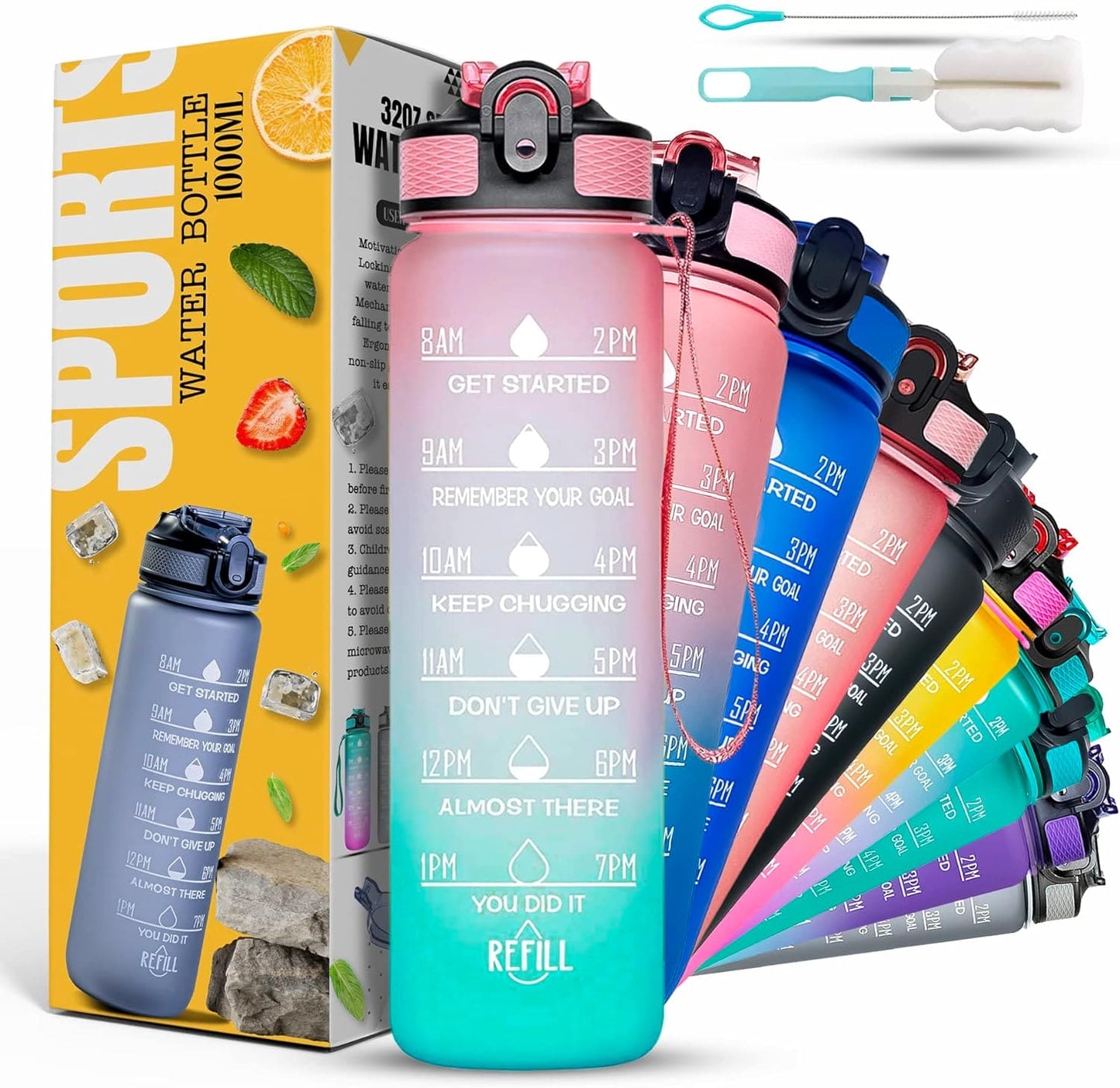 K-MART Water Bottle 1000ml Sports Water Bottle with Motivational Time Marker & Straw, Dishwasher Safe Leak-proof Drink Bottle BPA Free Non-Toxic Tritan Material 1 Click Open for Running Gym