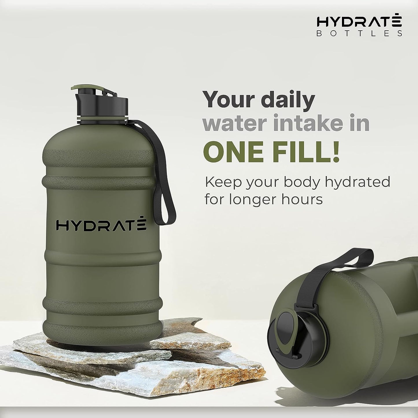 HYDRATE XL Jug Half Gallon Water Bottle with Nylon Carrying Strap & Leak-Proof Flip Cap - 2 Liter Water Jug - Large Capacity for Gym, Workouts, Sports, Running, Jogging, Travel - Matte Nude (74 oz)