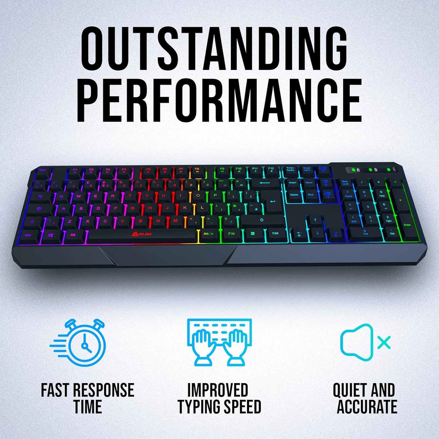 KLIM Chroma Wireless Keyboard UK Layout + New version 2023 + Slim, Durable, Ergonomic, Quiet, Waterproof, Silent Keys + Backlit Wireless Gaming Keyboard For Laptop PC Gamer PS4 Mac + Black