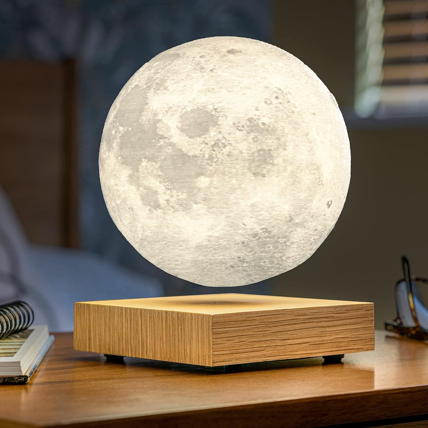 Gingko Design 3D Printed Levitating Smart LED Moon Lamp, 3 Colour Modes, Mains Adaptor Included, Packed in Premium Gift Box, 50000 Hours LED Life Span, Touch Control Button (White Ash)