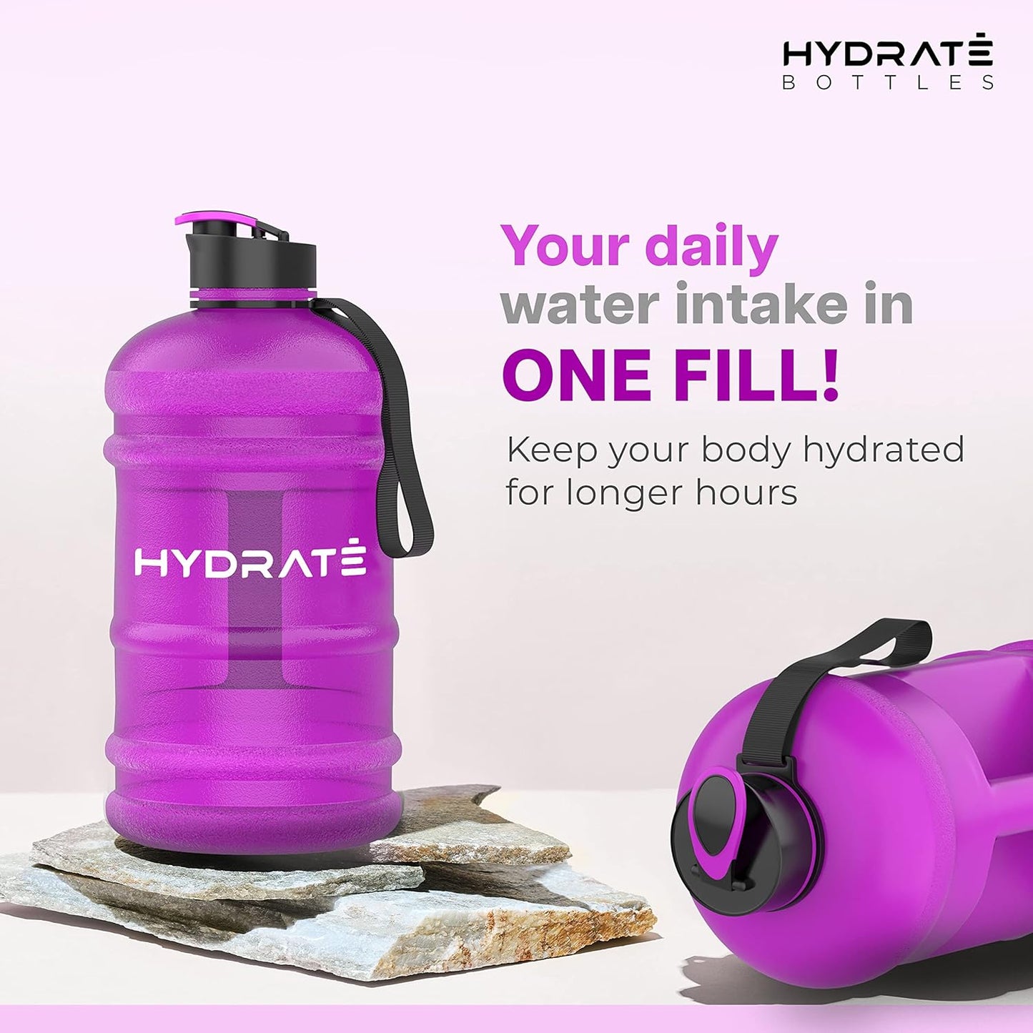 HYDRATE XL Jug Half Gallon Water Bottle with Nylon Carrying Strap & Leak-Proof Flip Cap - 2 Liter Water Jug - Large Capacity for Gym, Workouts, Sports, Running, Jogging, Travel - Matte Nude (74 oz)