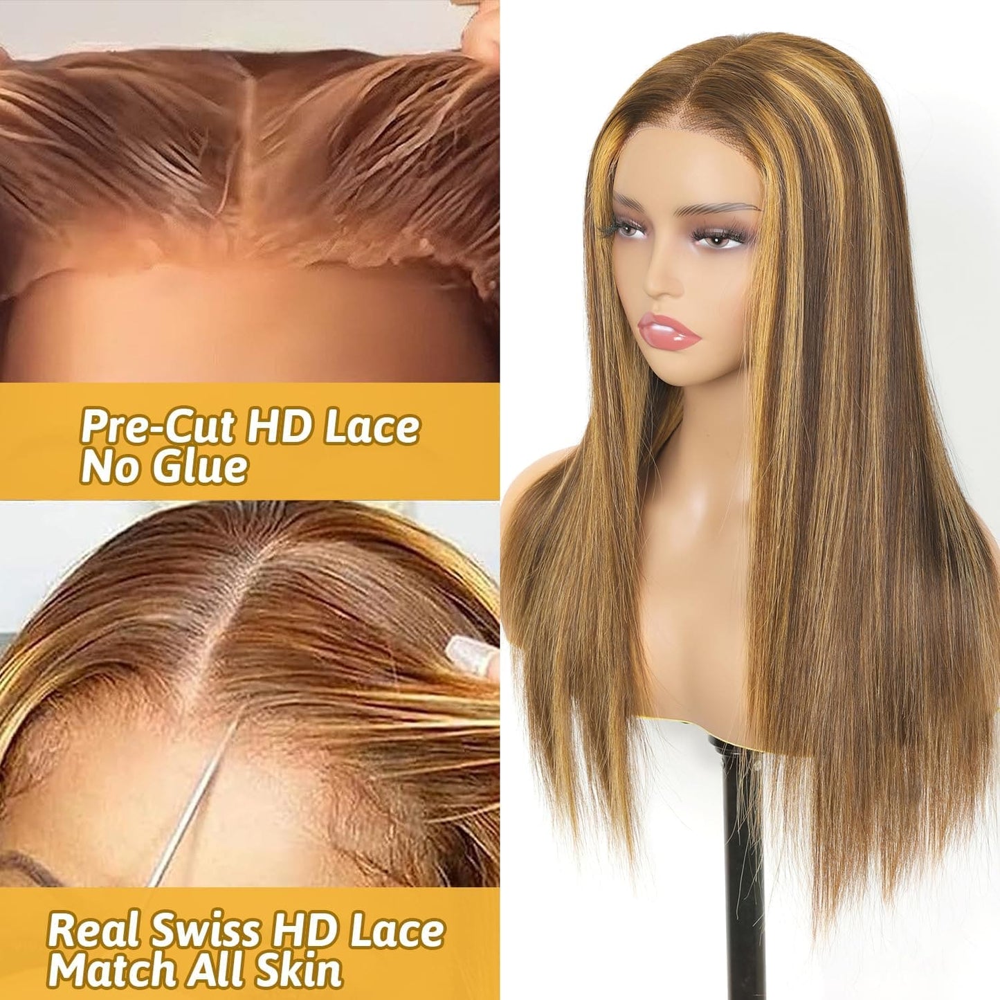 HD Lace Glueless Wig Wear and Go Brazilian Straight Lace Wigs For Women ShowJarlly No Glue 5x5 Lace Pre Cut Wig Human Hair Wigs chocolate brown mixed honey blonde wig 180% Density 18 Inch 4/27