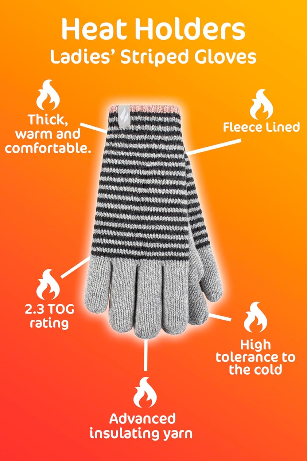 HEAT HOLDERS - Ladies Cute Striped Fairisle Warm Knitted Fleece Lined Winter Thermal Gloves