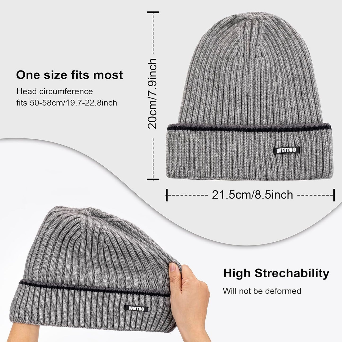 WEITOO Beanie for Men, Stretchy Soft Cuffed Knit Beanie with Thick Warm Lining,Unisex Winter Hat,Gifts for Men Women