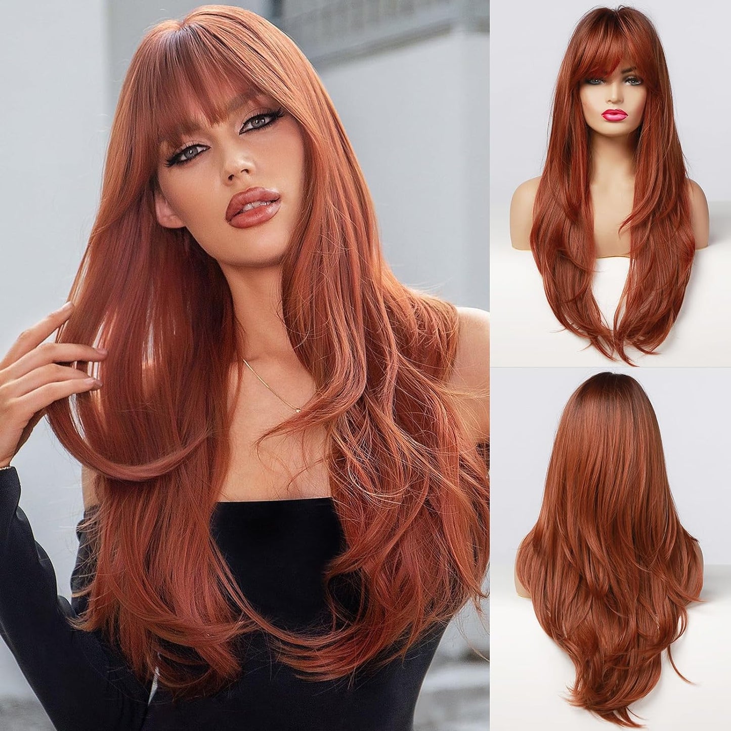 Kellynee Ombre Dark Brown Wig with Bangs - Dark Ginger Long Wavy Wigs for Women, Dark Roots, Natural Realistic Hair, Best Synthetic Heat Resistant Wigs for Daily/Halloween/Party/Cosplay