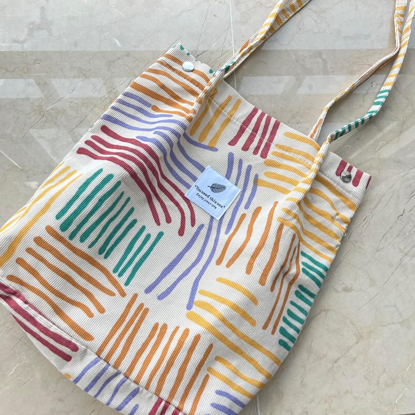 KEYRI Corduroy Totes Bag Women's Shoulder Handbags Cord Bag Large Reusable Carry Bag Pocket Big Capacity Shopping Bag Colourful Stripes Shoulder Bag for School College Travel Work Casual