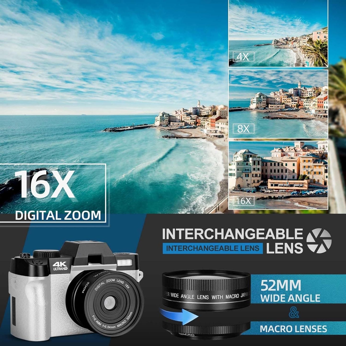 G-Anica 4K Digital Cameras for Photography，48MP/60FPS Video Camera for Vlogging, WiFi & App Control Vlogging Camera for YouTube, Small Camera with 32GB TF Card.Wide-Angle & Macro Lens