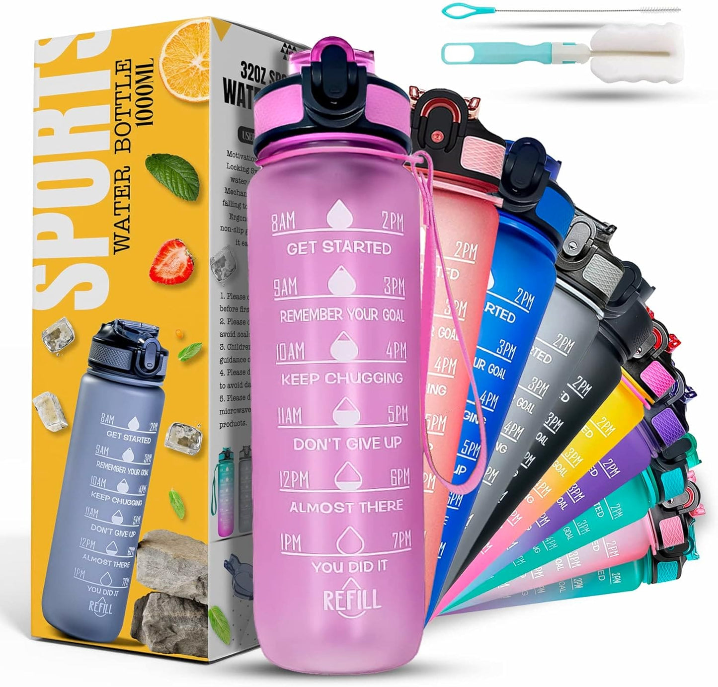 K-MART Water Bottle 1000ml Sports Water Bottle with Motivational Time Marker & Straw, Dishwasher Safe Leak-proof Drink Bottle BPA Free Non-Toxic Tritan Material 1 Click Open for Running Gym