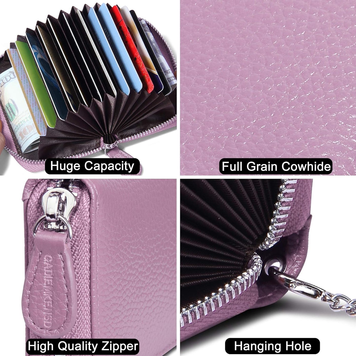 Womens Credit Card Holder Small RFID Blocking Ladies Wallet with Stainless Steel Zipper Excellent Genuine Leather Accordion Wallets Case for Women ID Compact Slim Blocked Zip Accordian Cards Pink