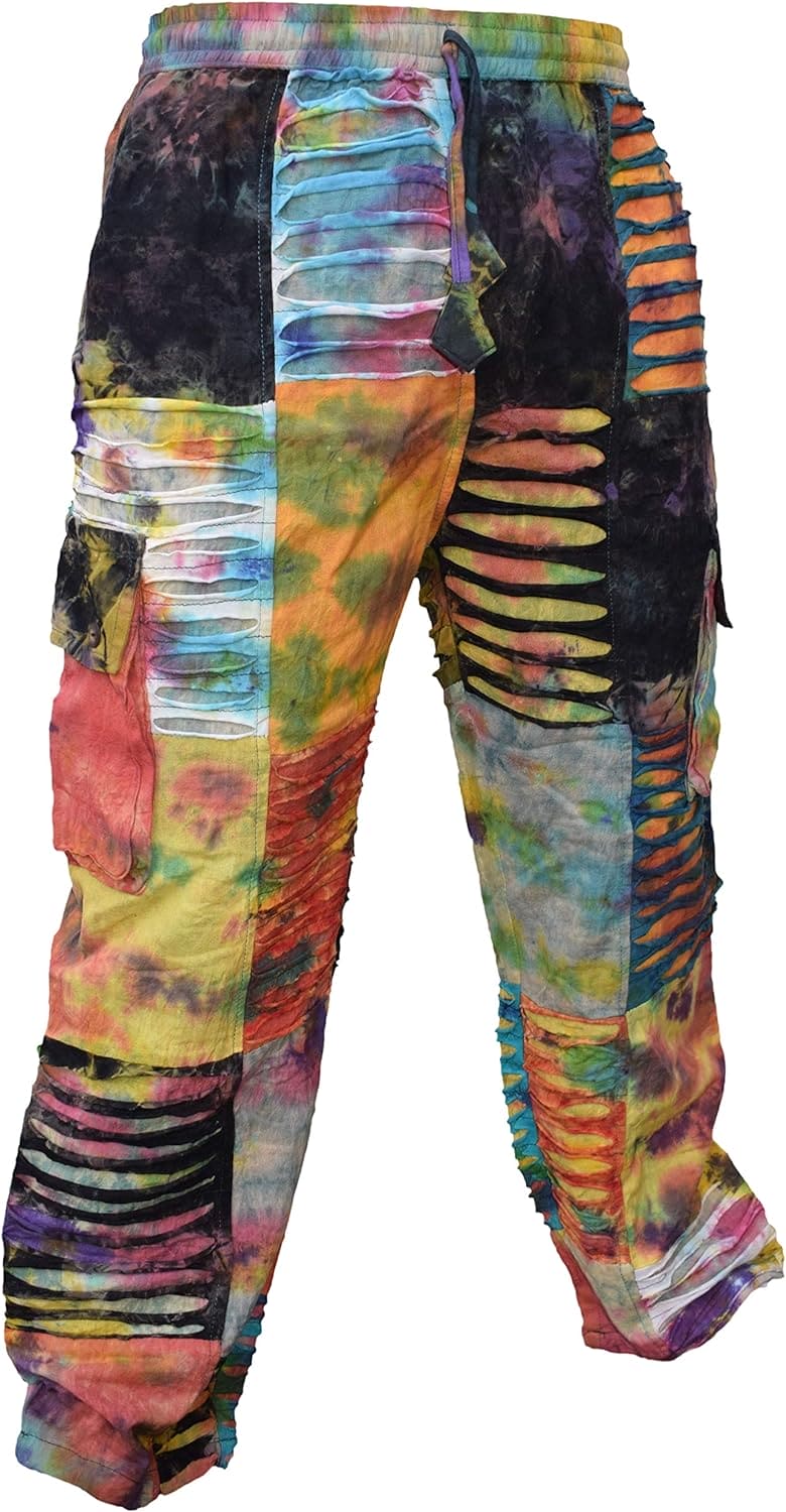 Gheri Mens Tie Dye Patchwork Razorcut Hippie Cargo Lounge Pants