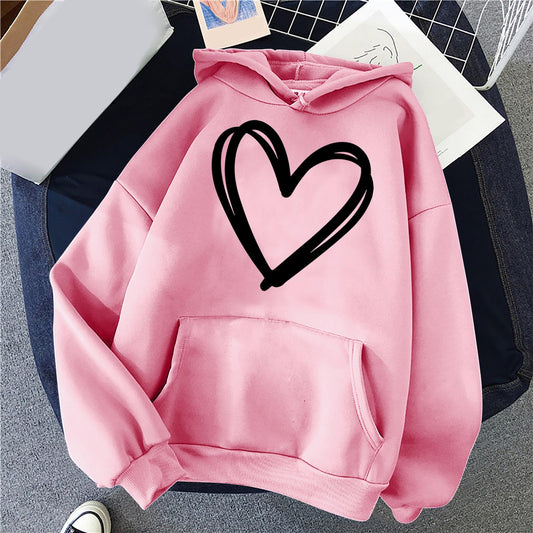 JISDFKFL Hoodies for Women Uk Sale Clearance, Uni-Sex Plain Loose Warm Drop Shoulder Pullover Fall Winter Long Sleeve Heart Pattern Print Drawstring Fleece w Pockets Ladies Tops Pink