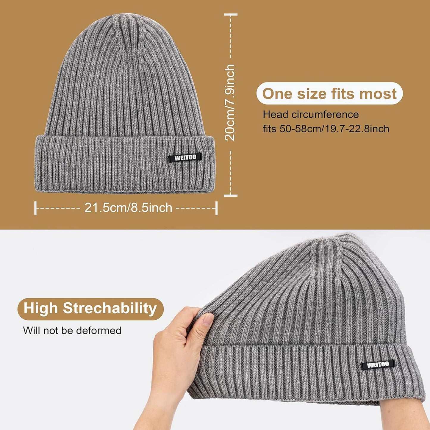 WEITOO Beanie for Men, Stretchy Soft Cuffed Knit Beanie with Thick Warm Lining,Unisex Winter Hat,Gifts for Men Women