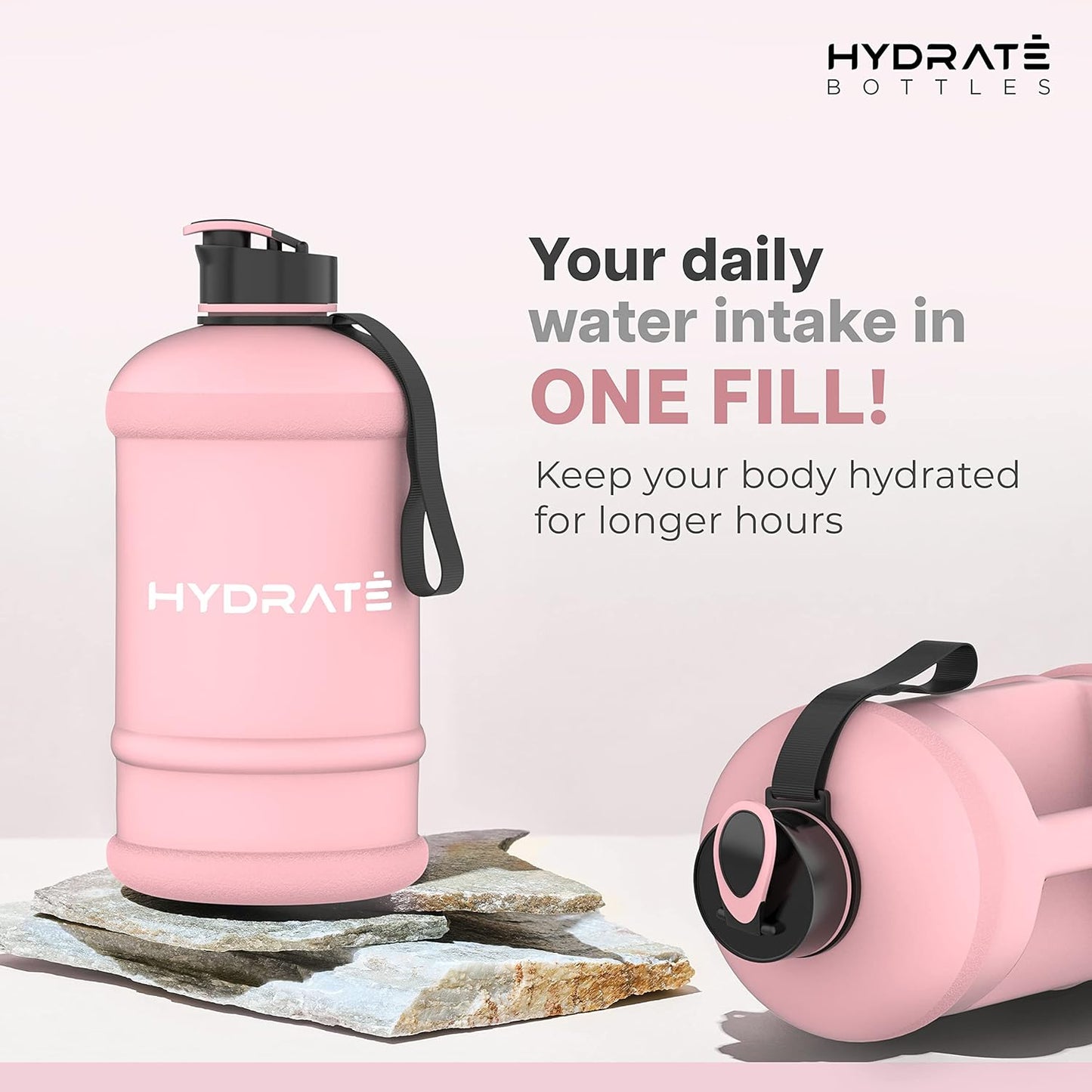 HYDRATE XL Jug Half Gallon Water Bottle with Nylon Carrying Strap & Leak-Proof Flip Cap - 2 Liter Water Jug - Large Capacity for Gym, Workouts, Sports, Running, Jogging, Travel - Matte Nude (74 oz)