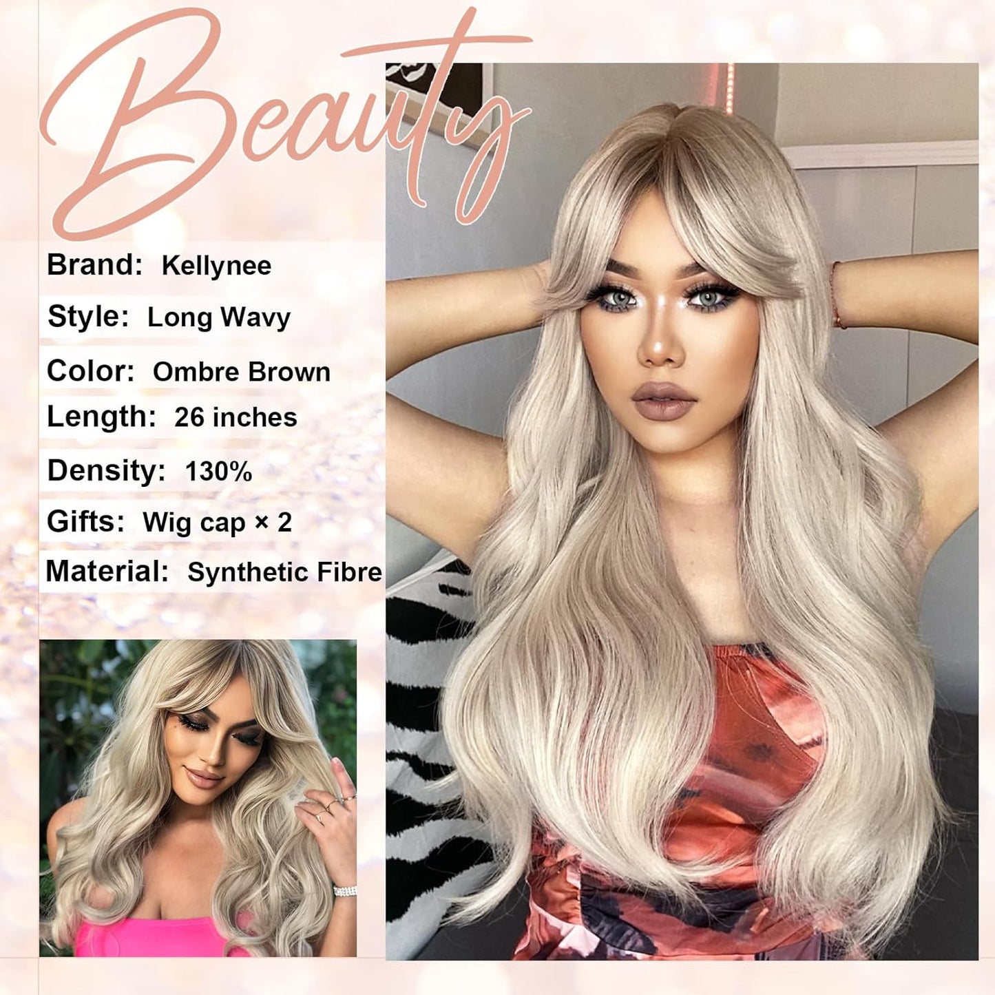 Kellynee Ombre Dark Brown Wig with Bangs - Dark Ginger Long Wavy Wigs for Women, Dark Roots, Natural Realistic Hair, Best Synthetic Heat Resistant Wigs for Daily/Halloween/Party/Cosplay